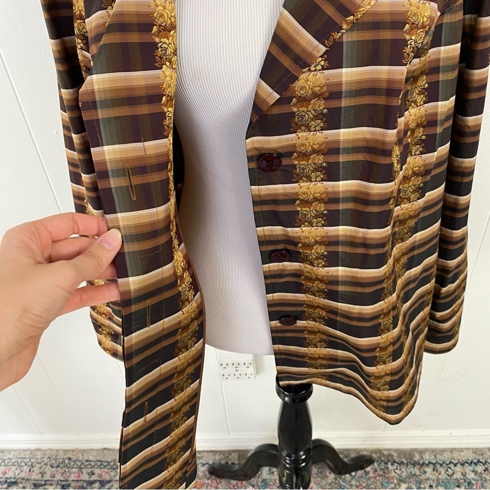 Austin Reed 70s VTG Plaid Paisley Print Button Up Blouse Size 16W Brown Gold - Picture 4 of 14